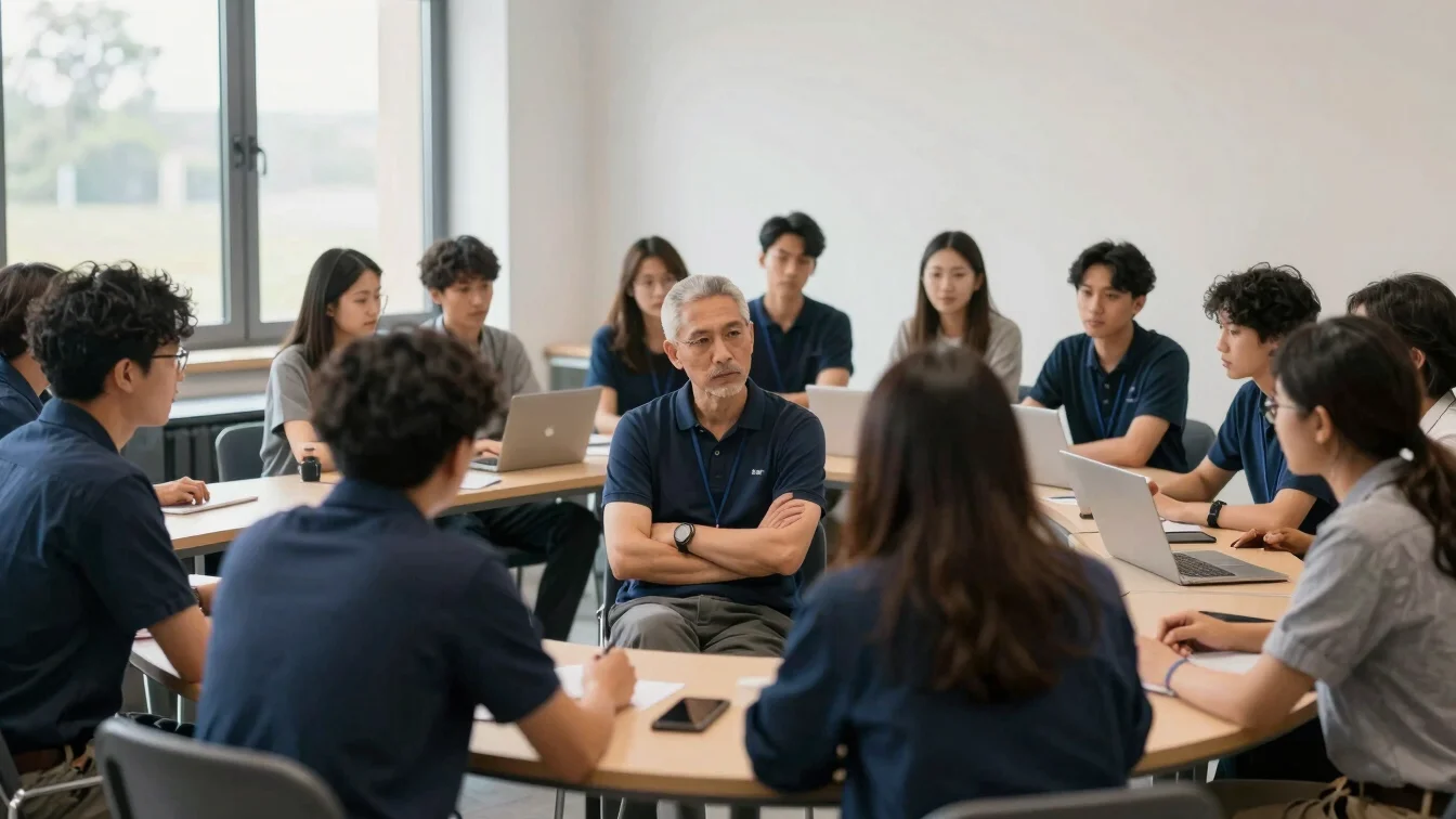 Diverse group of people collaborating in a modern institutional space, soft natural daylight, deep blue and neutral tone