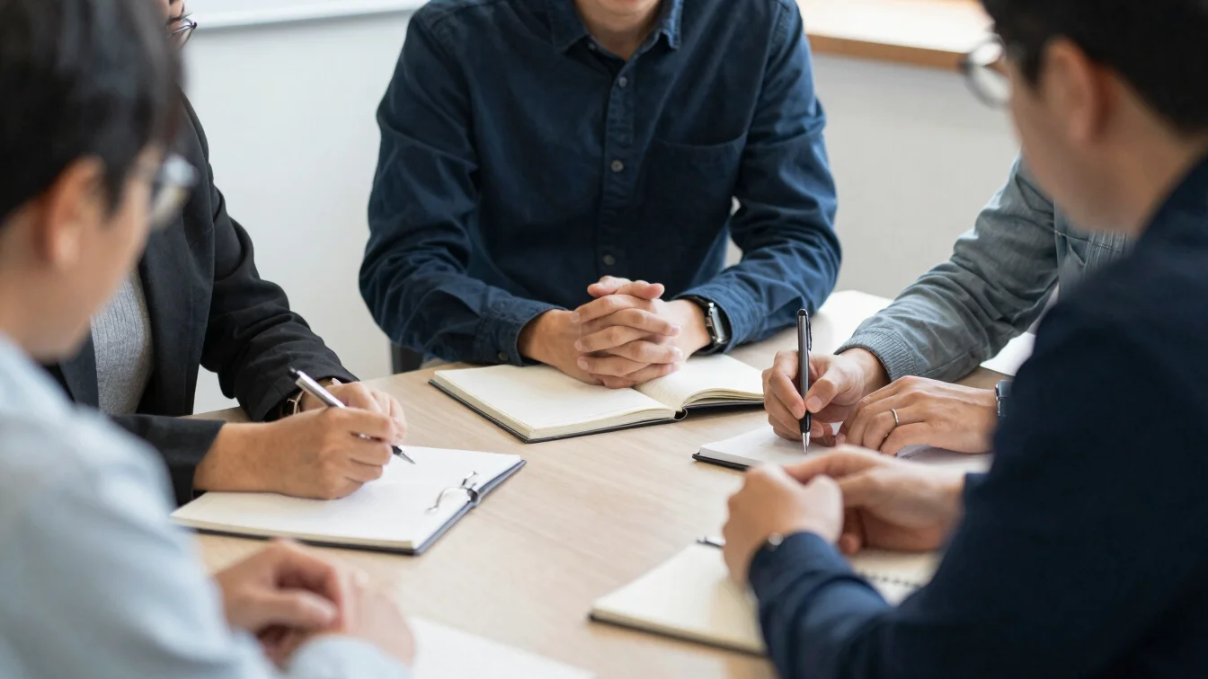 People engaged in a discussion around a table, notebooks and pens visible, collaborative institutional setting, document