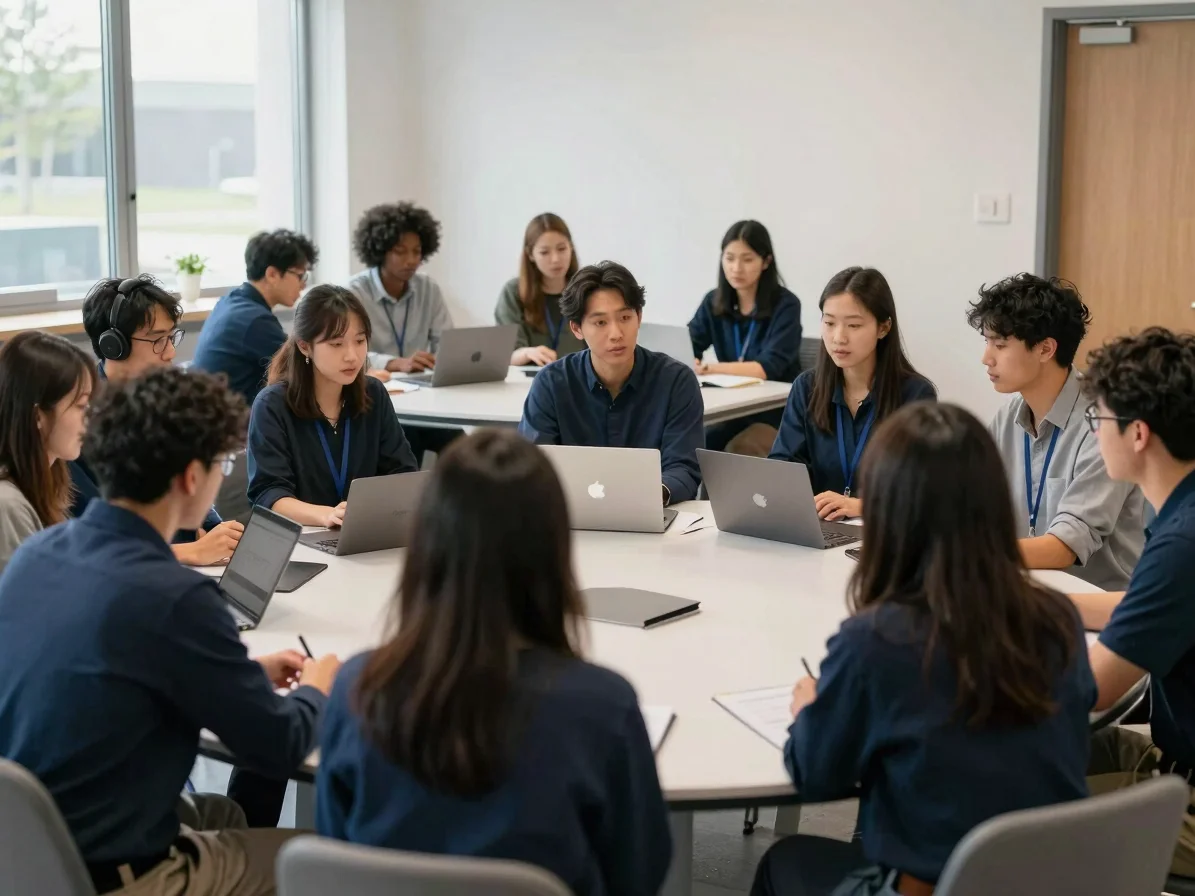 Wide shot of diverse group of people collaborating in a modern, well-lit institutional space, natural daylight, deep blu