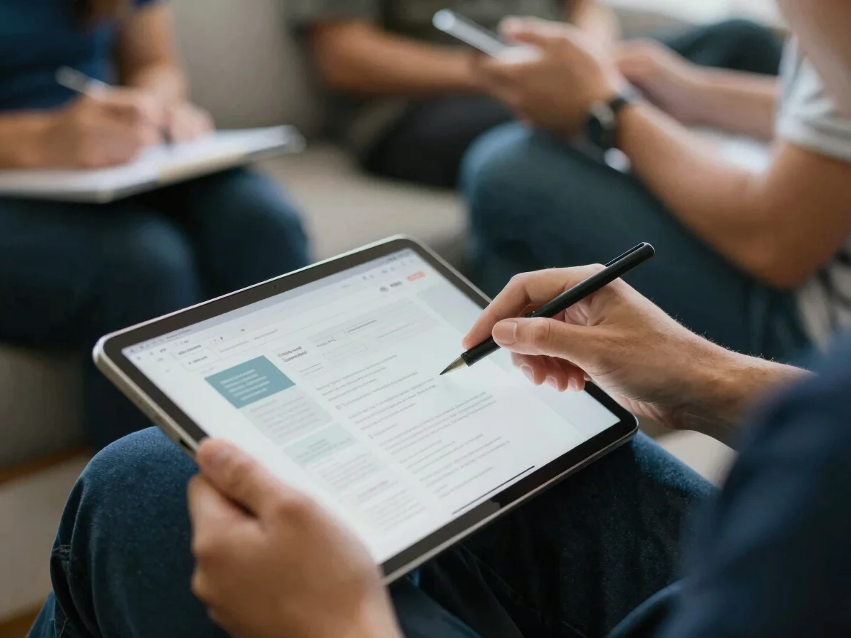 Close-up of hands working on a digital tablet, showing a website wireframe, with other collaborators blurred in the back