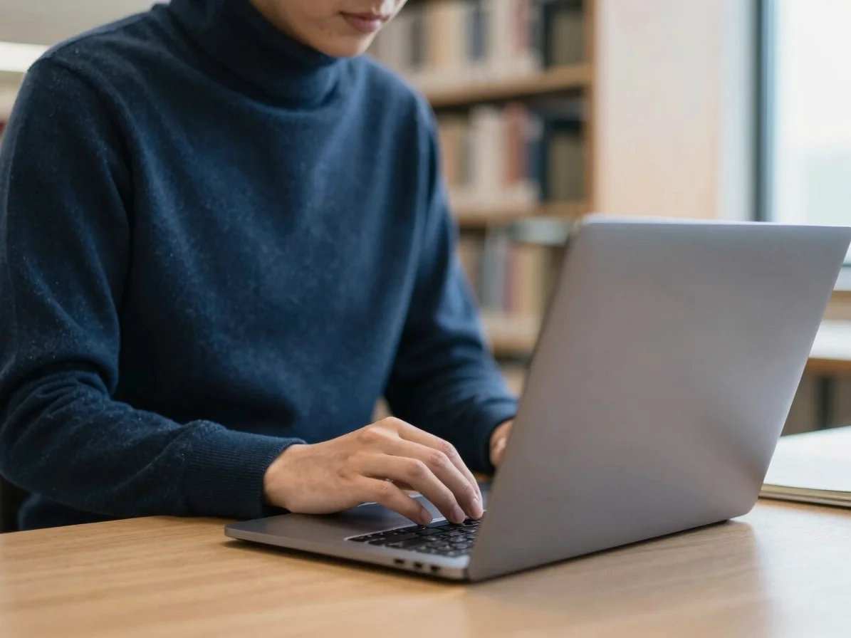 Environmental shot of a person reading content on a laptop in a quiet, well-designed institutional library, soft natural