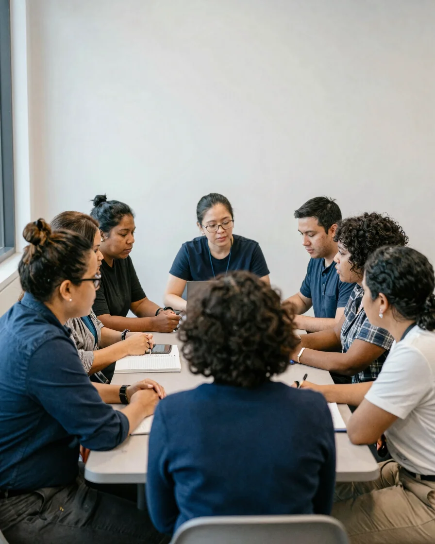 Wide shot of diverse community members collaborating around a tab