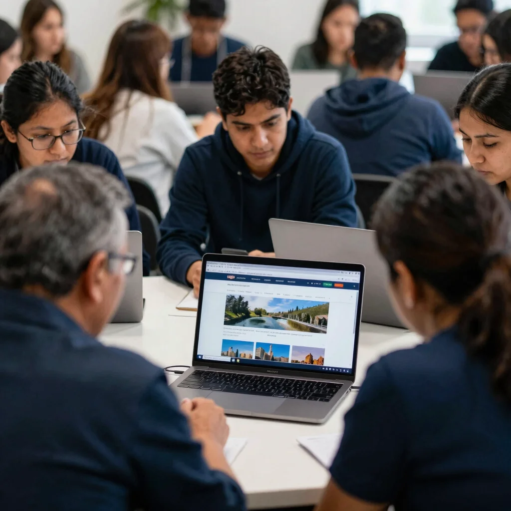 Fotografía documental de un grupo de personas colaborando en una reunión comunitaria, con un laptop mostrando un sitio w